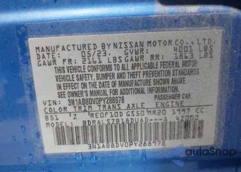 2023 Nissan Sentra Sr Xtronic Cvt из США, поврежденный, VIN 3N1AB8DV0PY288978